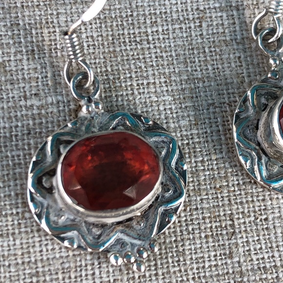 Silver with Orange Stone Earrings - 925 Silver - Picture 3 of 10